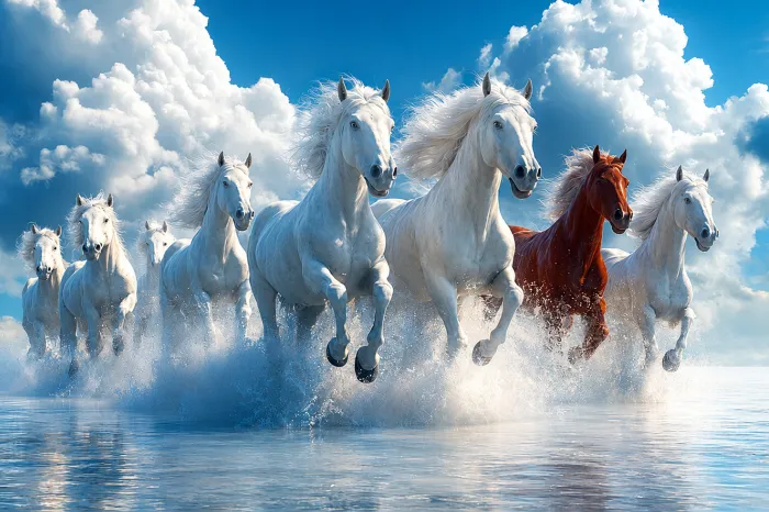 Premium Generative 7 Lucky White Horses Canvas | PrintPosters.in